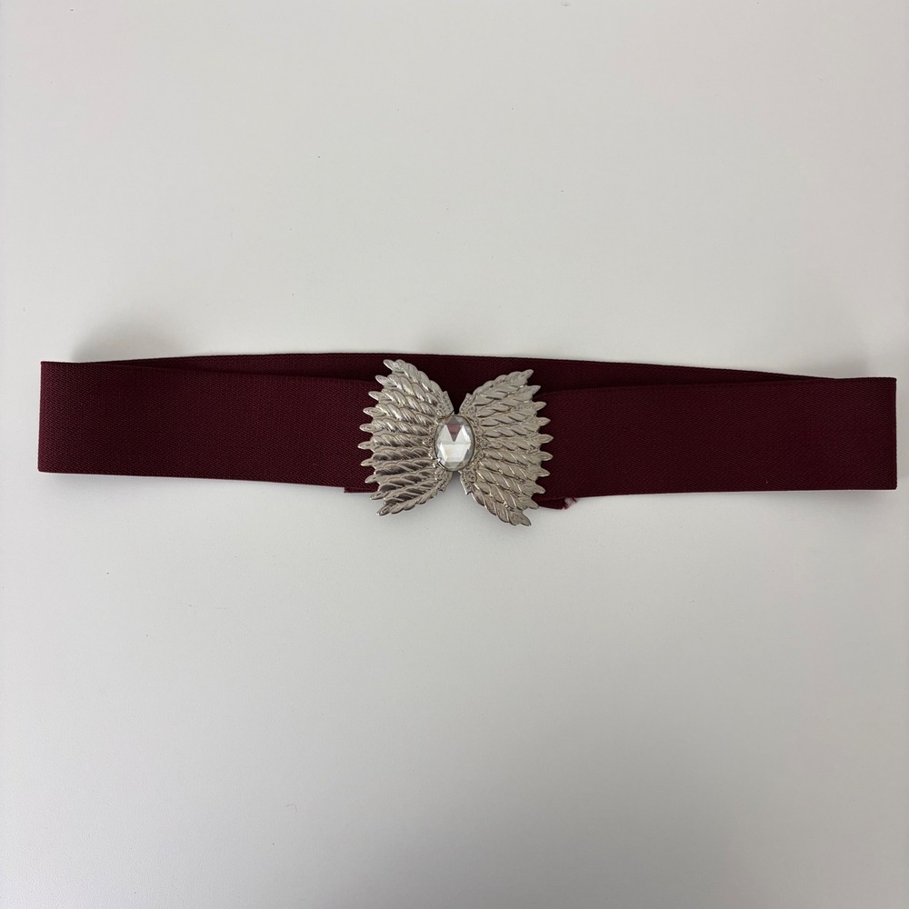 Vintage Burgundy Elastic Cinch Belt‎ Silver Angel Wing Crystal Buckle M/L